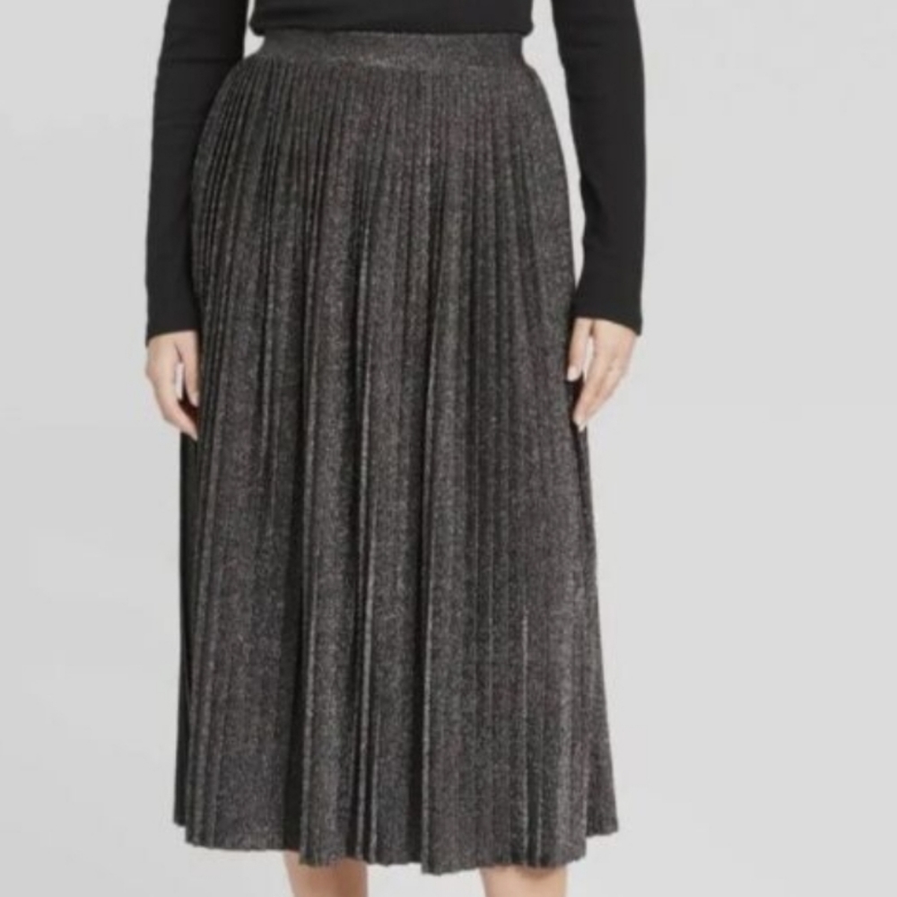 A New Day Womens Pleated Shimmer Metallic Midi A Line Pull On Black Skirt